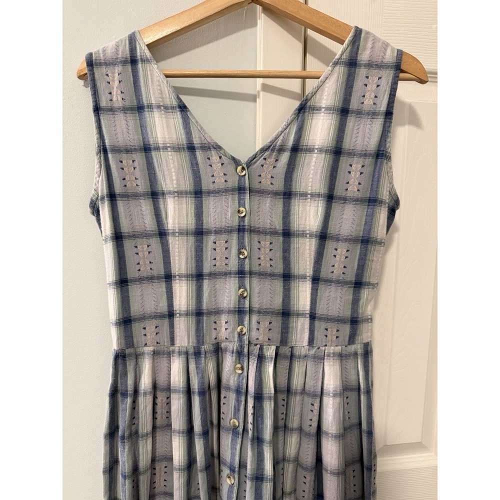 Monsoon Plaid Tie Midi Shirt Dress Sz 10 Fit Flare Aztec Cottage Prairie Blue - Picture 4 of 10